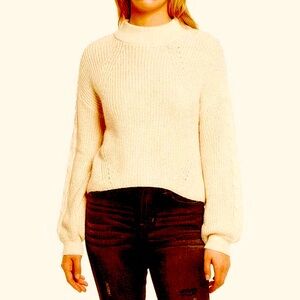 NWT BP Boho Ivory Cropped Sweater Mock Neck Cable Knit Balloon Sleeve L